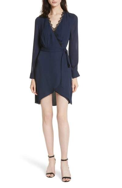 Shop L Agence Trino Lace Trim Silk Wrap Dress In Navy/ Black