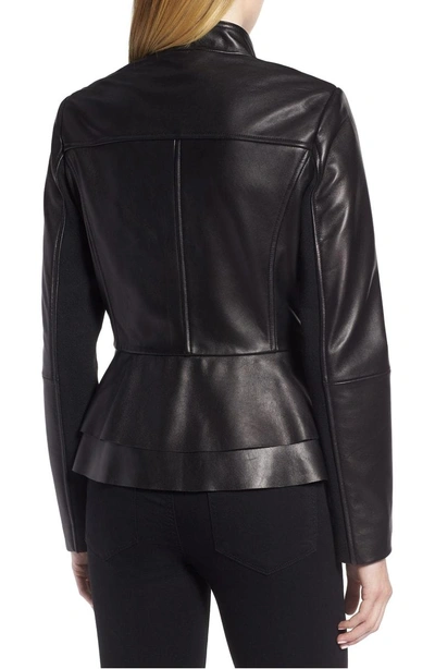 Shop Tahari Thea Peplum Hem Leather Jacket In Black