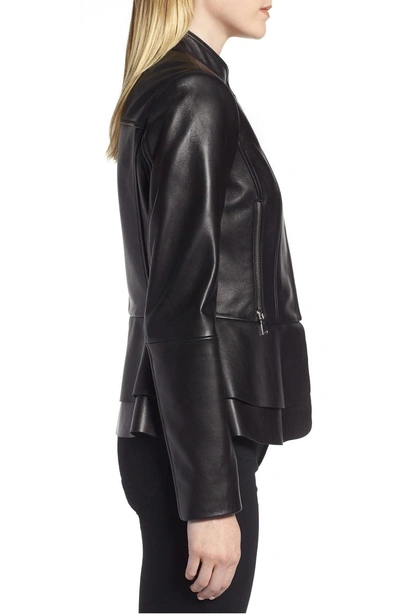 Shop Tahari Thea Peplum Hem Leather Jacket In Black