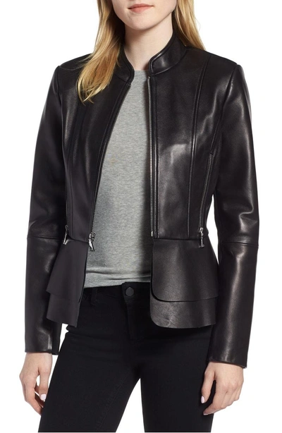 Shop Tahari Thea Peplum Hem Leather Jacket In Black