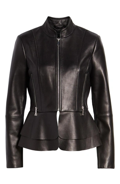 Shop Tahari Thea Peplum Hem Leather Jacket In Black