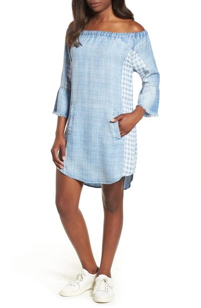 Shop Billy T Mix Plaid Off The Shoulder Shift Dress In Blue Mix Media