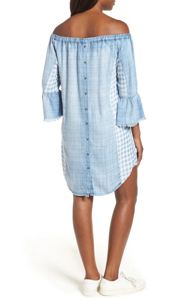 Shop Billy T Mix Plaid Off The Shoulder Shift Dress In Blue Mix Media