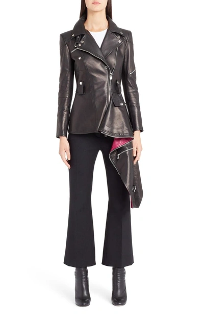 Shop Alexander Mcqueen Leather Peplum Biker Jacket In Black/ Nightshade