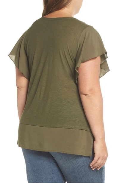 Shop Vince Camuto Ruffle Sleeve Mix Media Top In Legion Green