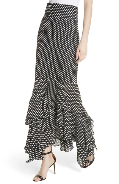 Shop Milly Dot Print Silk Georgette Skirt In Black/ White