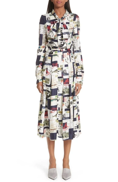 Shop Oscar De La Renta Postcard Print Tie Neck Silk Dress In Navy