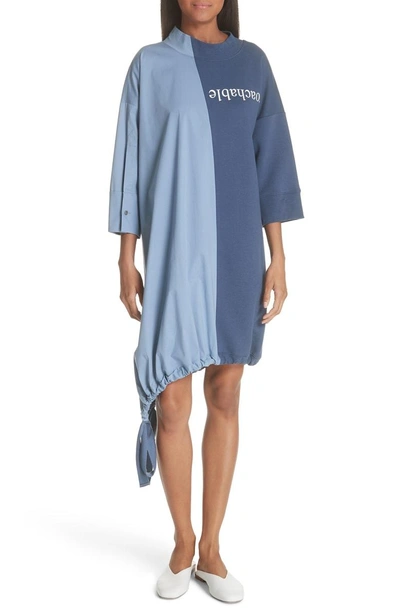 Shop Ji Oh Asymmetrical Mixed Media Dress In Blue