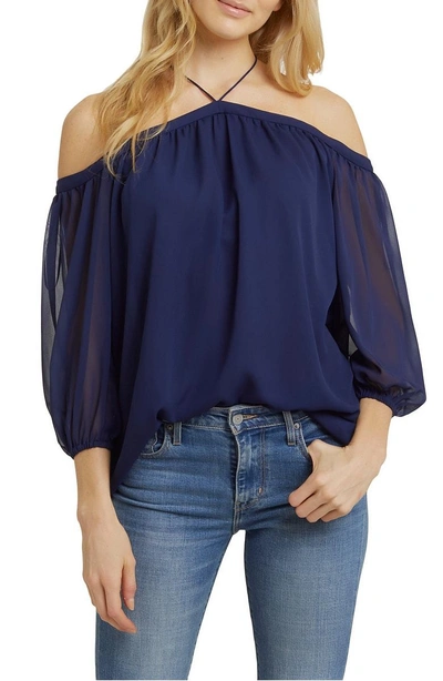 Shop 1.state Off The Shoulder Sheer Chiffon Blouse In Evening Sky