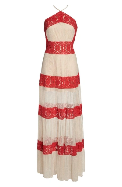 Shop Foxiedox Ophelia Two-tone Lace Maxi Dress In Red/ Nude