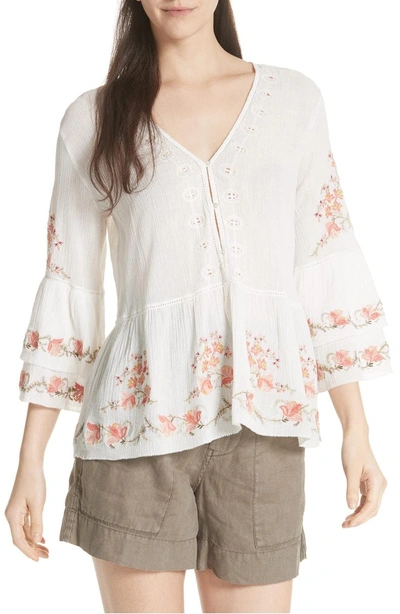 Shop Joie Kamile Embroidered Cotton Peasant Top In Porcelain