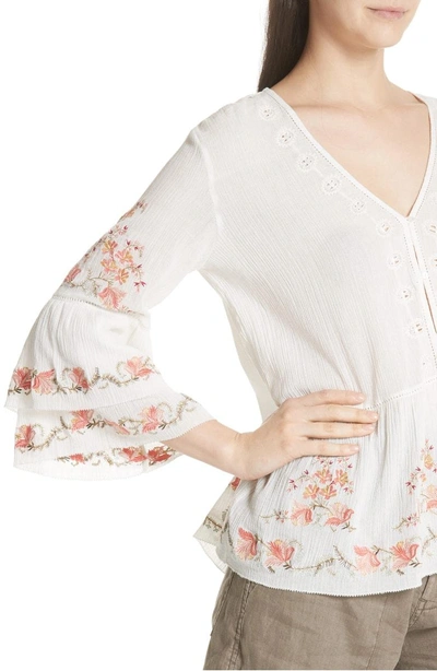 Shop Joie Kamile Embroidered Cotton Peasant Top In Porcelain