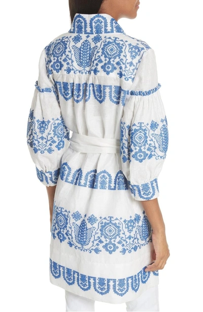 Shop Milly Mykonos Embroidered Tie Waist Linen Dress In Cobalt