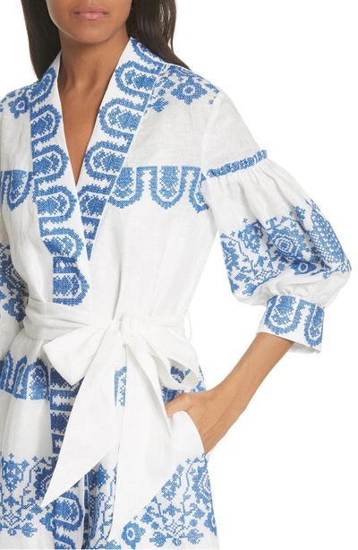 Shop Milly Mykonos Embroidered Tie Waist Linen Dress In Cobalt