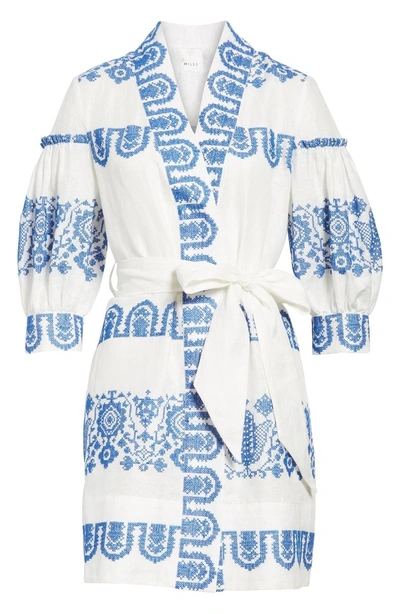 Shop Milly Mykonos Embroidered Tie Waist Linen Dress In Cobalt