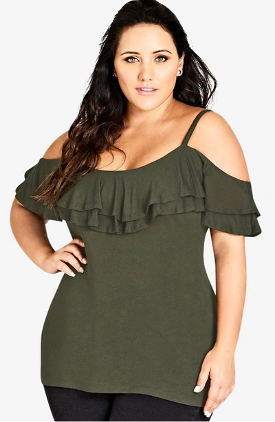 City Chic Ruffle Romance Off The Shoulder Top In Khaki
