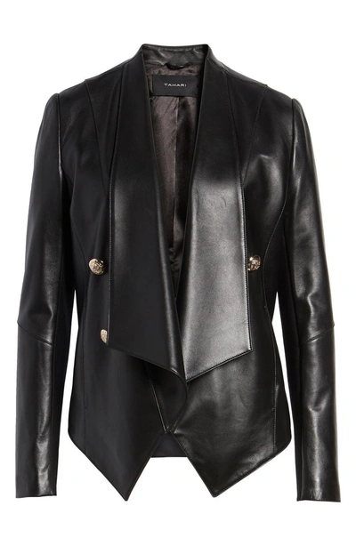 Shop Tahari Penelope Drape Front Leather Jacket In Black