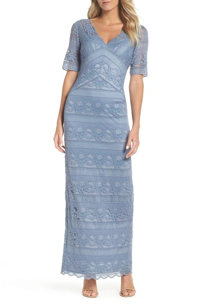 Shop Adrianna Papell Lace Stripe Gown In Dusty Blue