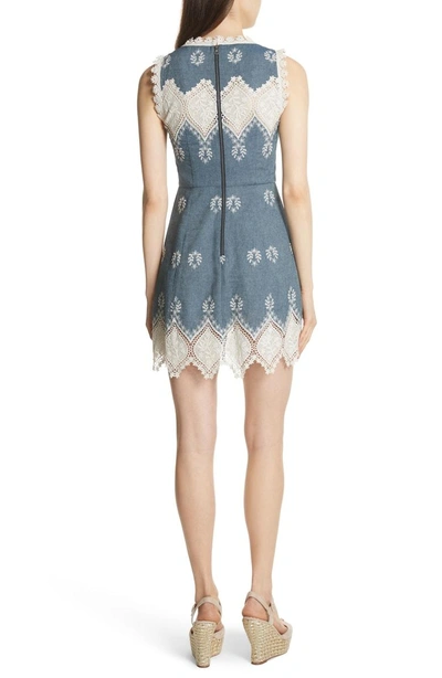 Shop Alice And Olivia Embroidered Minidress In Chambray/ Cream