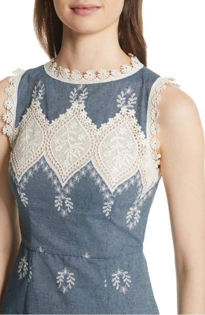 Shop Alice And Olivia Embroidered Minidress In Chambray/ Cream