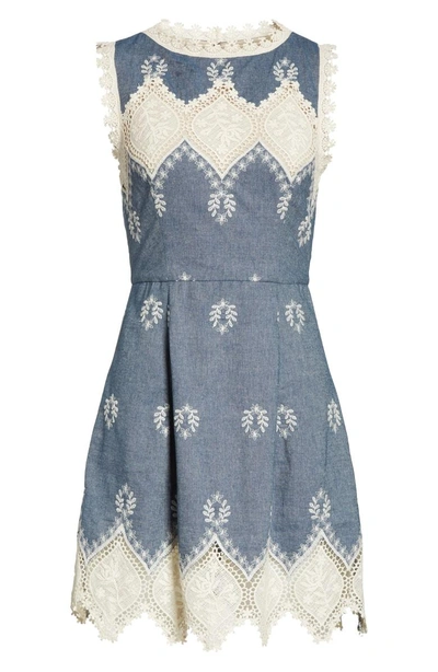 Shop Alice And Olivia Embroidered Minidress In Chambray/ Cream