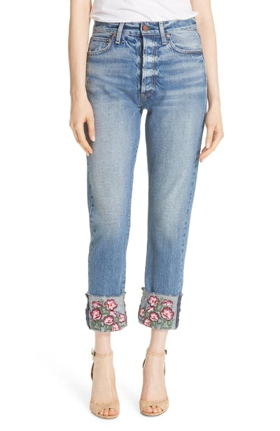 Shop Alice And Olivia Ao. La Amazing Embroidered Cuff Slim Girlfriend Jeans In Fools Rush In Big Blooms