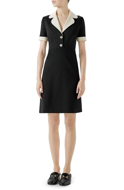 Shop Gucci Tiger Button Contrast Trim Jersey Dress In Black/ Almond Flower