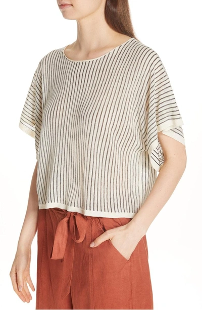 Shop Eileen Fisher Stripe Organic Linen Blend Top In Bone/ Black