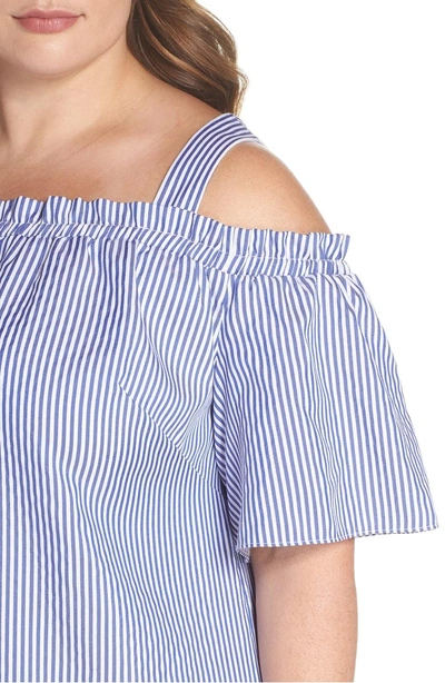 Shop London Times Embroidered Hem Stripe Off The Shoulder Shift Dress In Blue/ White