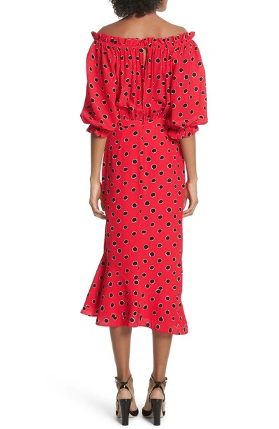 Shop Saloni Grace Print Silk Off The Shoulder Dress In Carmine Dots