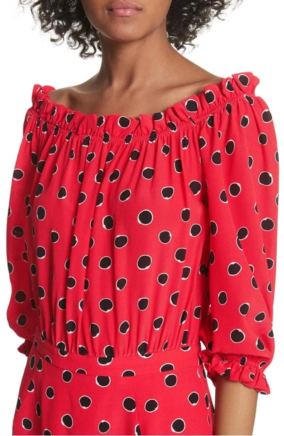 Shop Saloni Grace Print Silk Off The Shoulder Dress In Carmine Dots