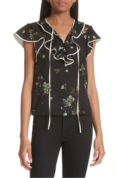 Shop Red Valentino Floral Print Ruffle Neck Silk Blouse In Nero