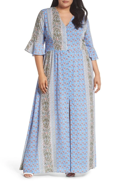 Shop Glamorous Button Front Maxi Dress In Blue Rust Border
