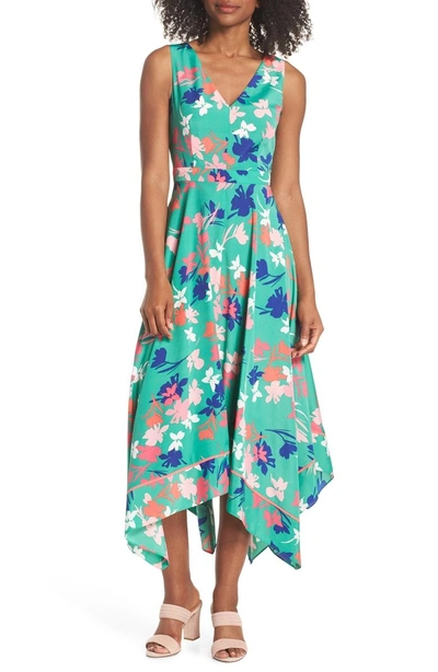 Shop Vince Camuto Floral Asymmetric Hem Midi Dress In Green