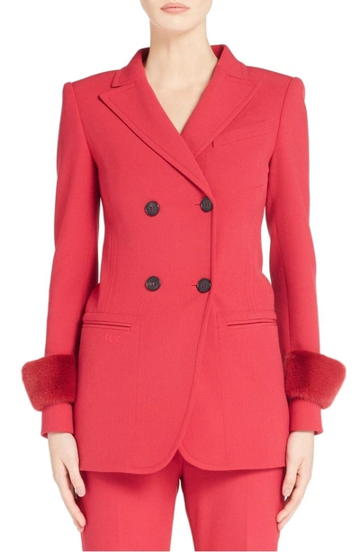 Shop Fendi Double Breasted Drill Blazer With Genuine Mink Fur Cuffs In Red