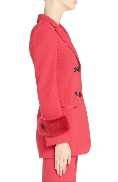 Shop Fendi Double Breasted Drill Blazer With Genuine Mink Fur Cuffs In Red