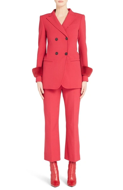 Shop Fendi Double Breasted Drill Blazer With Genuine Mink Fur Cuffs In Red