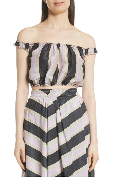 Shop Apiece Apart Shina Off The Shoulder Linen & Silk Crop Top In Violet Night Stripe