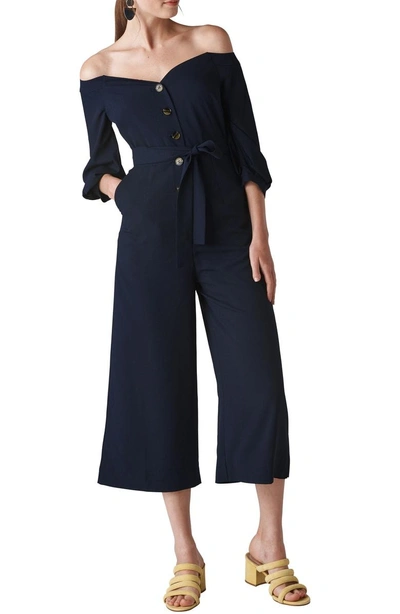 Shop Whistles Carina Off The Shoulder Crop Jumpsuit In Navy