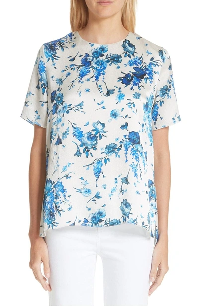 Shop Adam Lippes Floral Print Hammered Silk Blouse In Ivory/ Blue