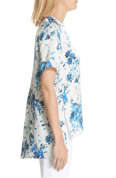 Shop Adam Lippes Floral Print Hammered Silk Blouse In Ivory/ Blue