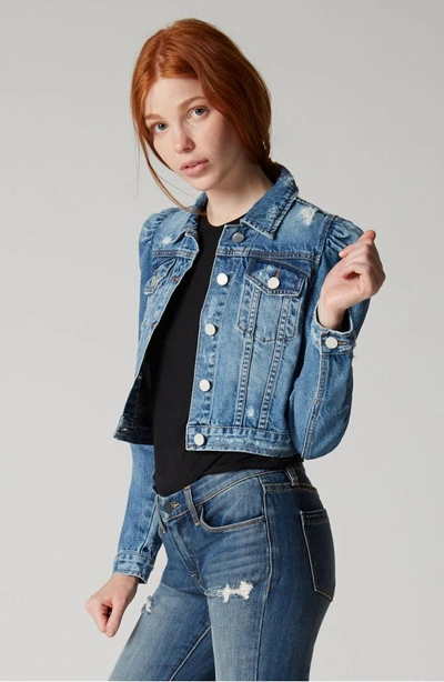 Shop Blanknyc Crop Puff Shoulder Denim Jacket In Rise Above Blue