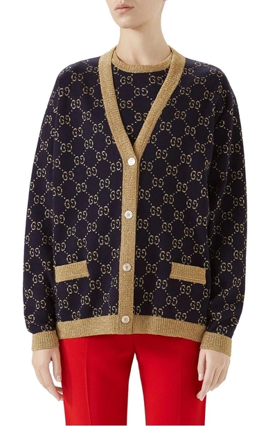 Shop Gucci Metallic Gg Cardigan In Blue/ Gold