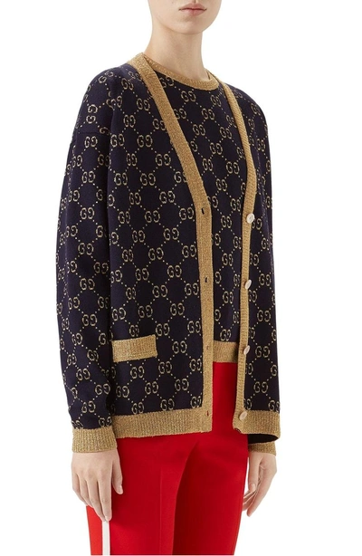 Shop Gucci Metallic Gg Cardigan In Blue/ Gold