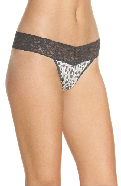 Shop Hanky Panky Mid Rise Modal Thong With Lace Trim In Grey Animal/ Granite