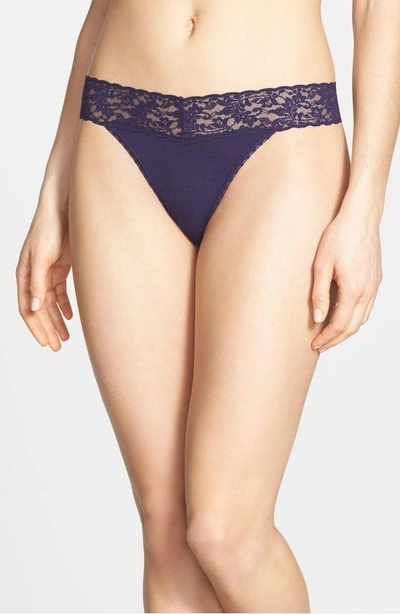 Shop Hanky Panky Mid Rise Modal Thong With Lace Trim In Indigo