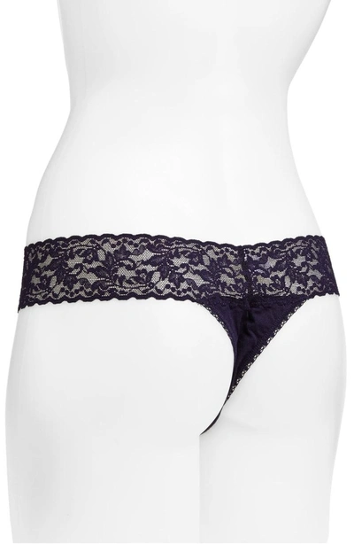 Shop Hanky Panky Mid Rise Modal Thong With Lace Trim In Indigo