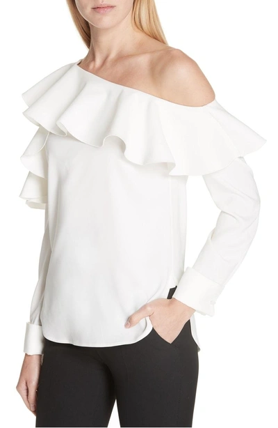 Shop Oscar De La Renta One-shoulder Stretch Silk Blouse In White