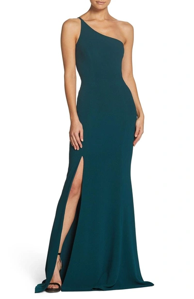 Shop Dress The Population Amy One-shoulder Crepe Gown In New Pine