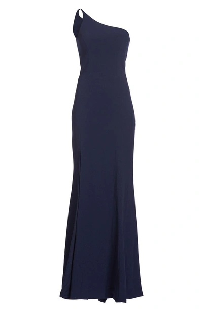 Shop Dress The Population Amy One-shoulder Crepe Gown In Navy